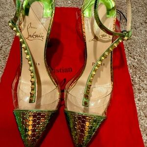 Christian Louboutin Green and Gold Heels with Metallic Accents